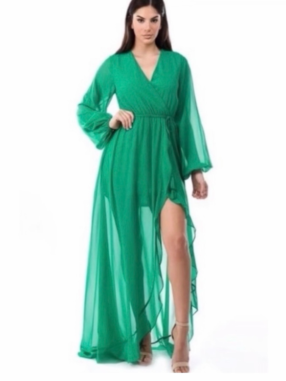 Green Sheer Wrap High-Low Asymmetrical Dress